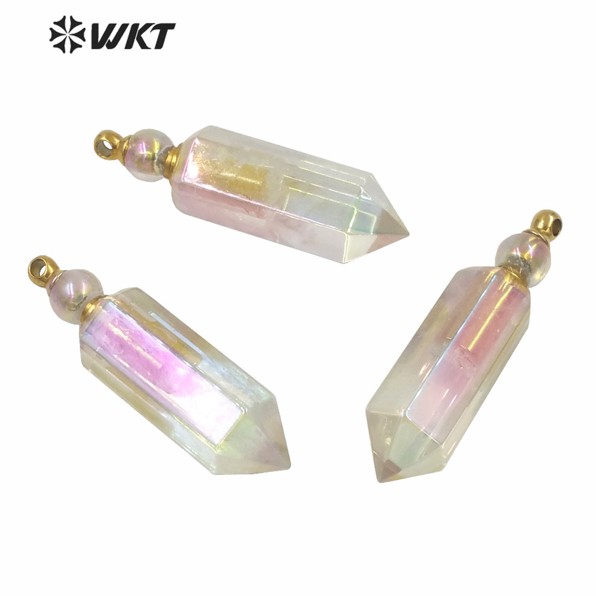 WT-P1614 Amazing Women Hot Sales Gold Angel Aura Spirit Quartz Perfume Bottle Pendant Hexagonal Shape Aura Stone Bottle Pendant