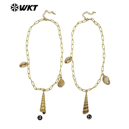 WT-JN317 Fashion Women Bohemian Vintage Style Big Link Chain Natural Cowrie Trumpet Shell Necklace For Summer