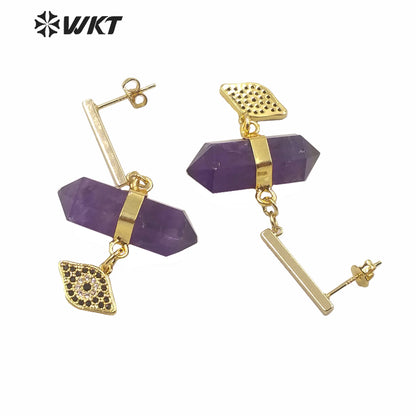 WT-E632 Fashion Double Point Crystal Quartz Bullet Shape Stone Earrings Round Eye Charm Earrings Lady Spirit Quartz Earring