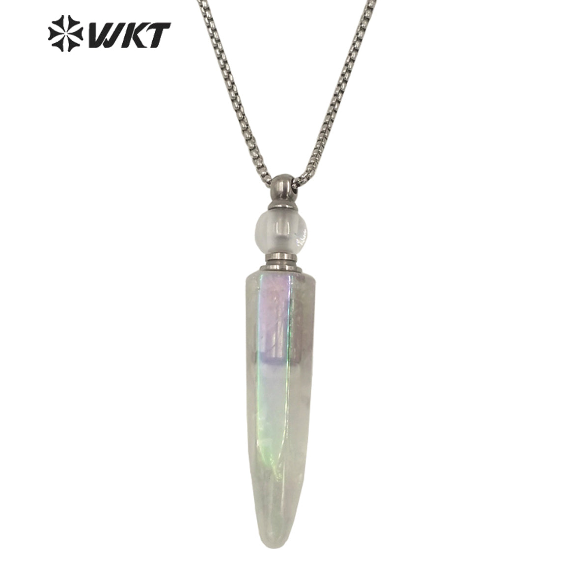 WT-N1259 Steel Amazing Natural Aura Crystal Quartz Point Perfume Bottle Necklace Unisex Aura Spirit Quartz Stone Perfume Bottle