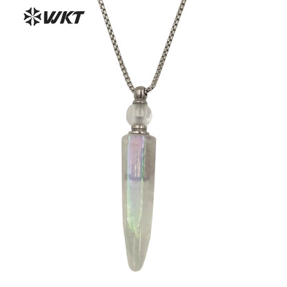 WT-N1259 Steel Amazing Natural Aura Crystal Quartz Point Perfume Bottle Necklace Unisex Aura Spirit Quartz Stone Perfume Bottle