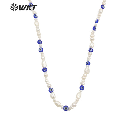 WT-JN209 Unique Exclusive Design Gorgeous Blue Eye Beads Necklace Popular Freshwater Pearl Choker Necklace with Locker