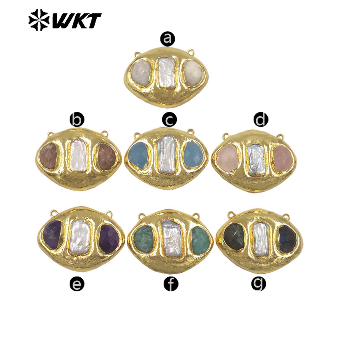 WT-PC021 Delicate 18K Gold Plated Two Natural Stones And Pearl Connectors With Double Hoops For Women Unique Necklace Design