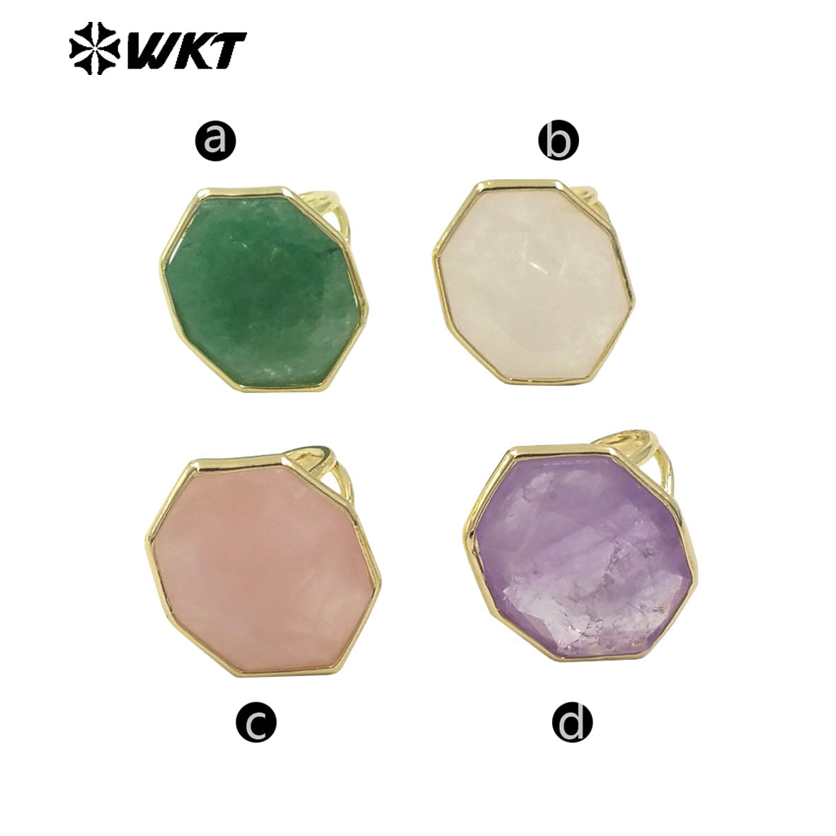 WT-R516 New Spring Design Geometric Natural Hexagon Rose Quartz Amethyst Stone Made Engagement Ring