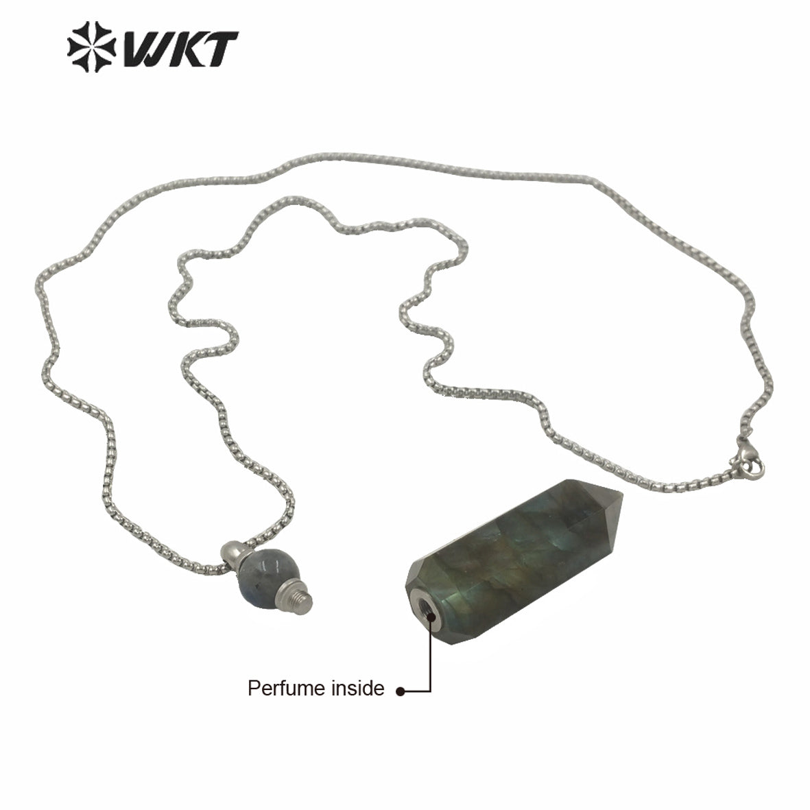 WT-N1257 Wholesale New Color Natural Labradorite Cube Stone Point Stainless Steel Perfume Bottle Necklace for Women