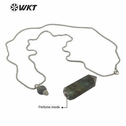 WT-N1257 Wholesale New Color Natural Labradorite Cube Stone Point Stainless Steel Perfume Bottle Necklace for Women
