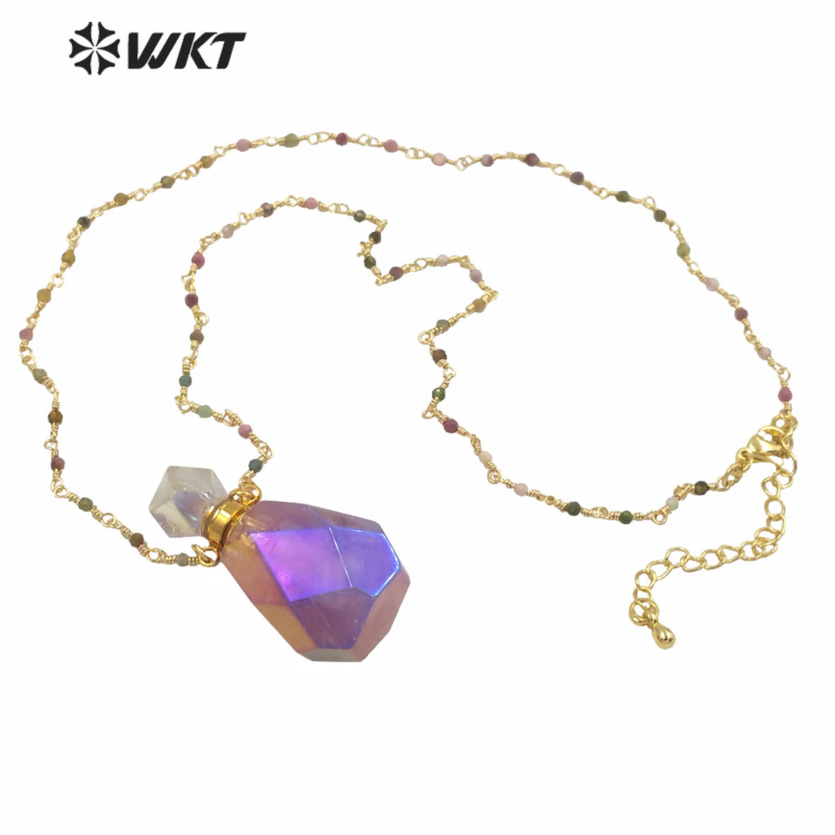 WT-N1236 Amazing Gorgeous Light Purple Titanium Coated Natural Stone Perfume Bottle Necklace Rosary Beads Bottle Necklace