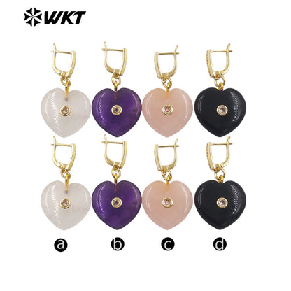 WT-E810 Romantic Style Gold Plated Zircon And Various Natural Gemstones Heart Shape Women Earrings For Cute Jewelry Decoration