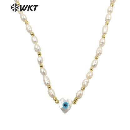WT-JN194 Fashion Gold Plated Natural Real Freshwater Pearl Beads Necklace Gorgeous Lady Shell Made Heart Eye Charm Bead Necklace