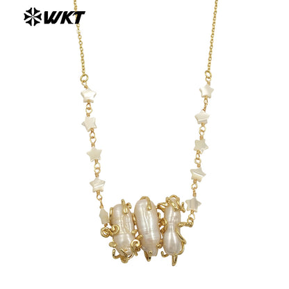 WT-JN302 Wholesale Popular Exquisite 18K Gold Plated Star Beads Inlaid Oval Large Pearl Necklace for Girl As Anniversary Gift