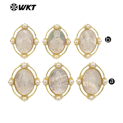 WT-MPR105 WKT Exclusive Newest 18K Real Gold Plated Oval Pearl Shell Virgin Mary Ring in Open Size Christian Jewelry