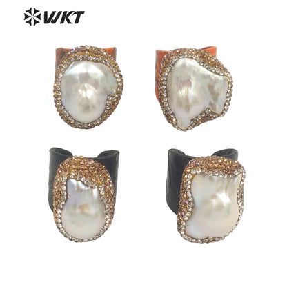 WT-MPR040 Wholesale Fashion Baroque Pearl Ring With Genuine Leather Gorgeous Dubai Style Precious Women Diamond Ring for Party