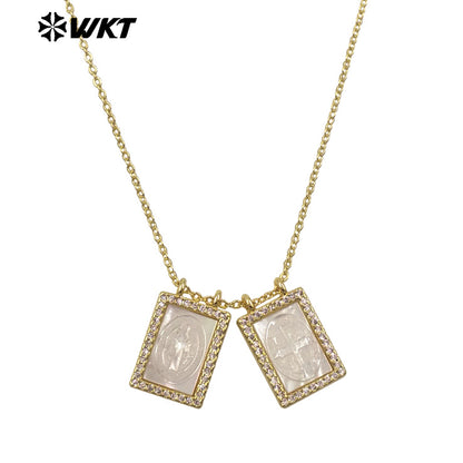 WT-JN220 Super Hot Fashion Double Charms Micropaved CZ Setting Mother of Pearl Shell Necklace 18k Gold Religion Maria Necklace