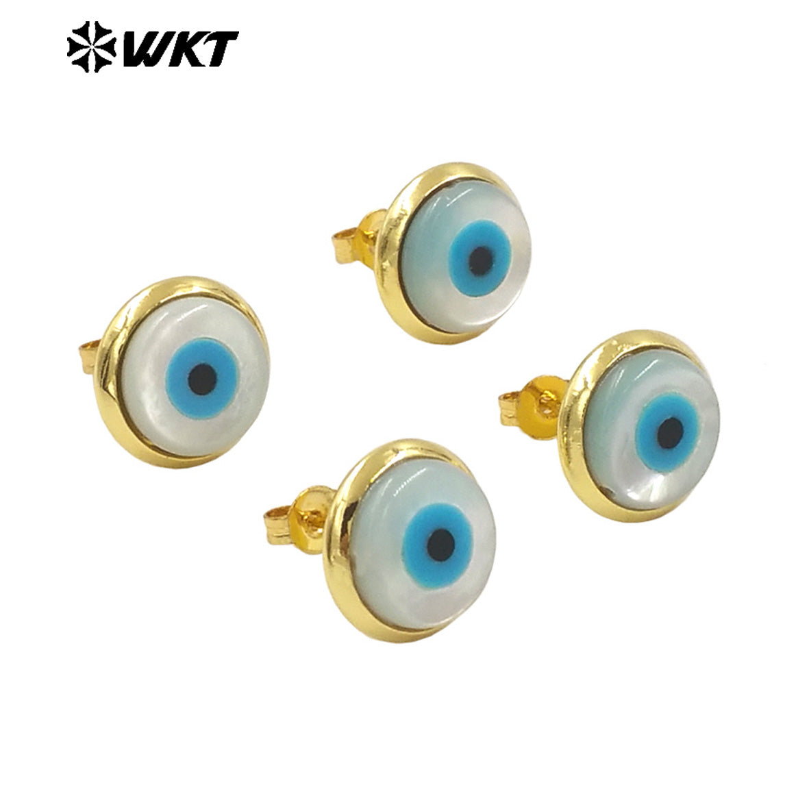 WT-MPE131 Wholesale Fashion 18K Gold Plated 10mm Brass Bezel Setting Natural Shell Turkey Eye Studs Women Earrings