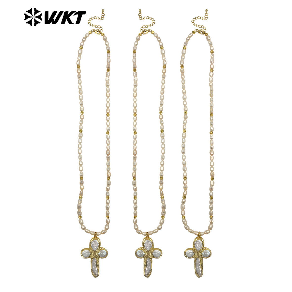 WT-JN370 Good Quality Trendy Gold Electroplated Natural Pearl Chain And Cross Pendant Women Necklace As Elegant Jewelry Gift