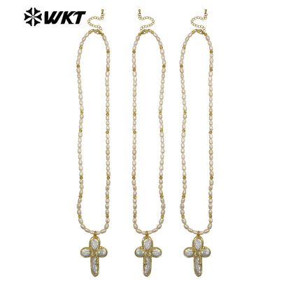 WT-JN370 Good Quality Trendy Gold Electroplated Natural Pearl Chain And Cross Pendant Women Necklace As Elegant Jewelry Gift