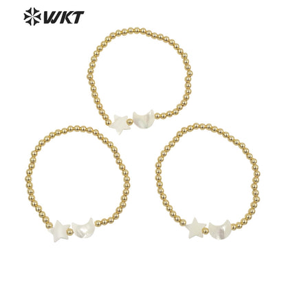 WT-MPB059 Leisure Style Gold 4mm Round Beads Moon Star Bracelet Fashion Lady Charming Shell Handmade Brass Flexible Bracelets
