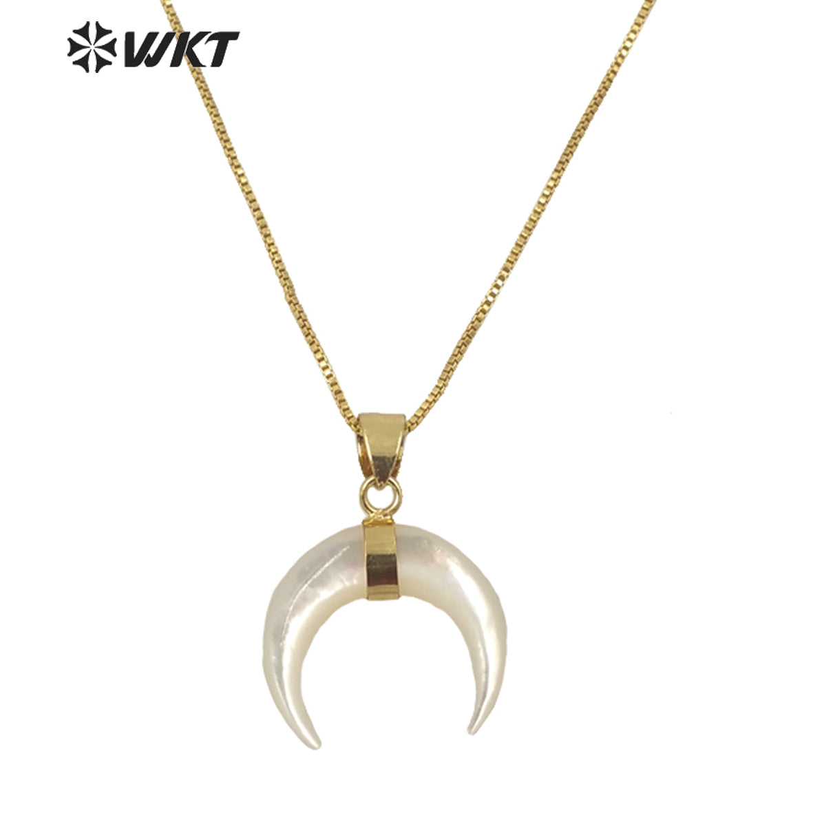 WT-JN147 Wholesale Hot Sale 2023 Bright Natural Mother of Pearl Crescent Horn Necklace 18K Real Gold Plated Bezel Tiny Horn Chain