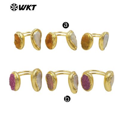 WT-MPR118 New Product Explosion Fashion 18K Gold Plated Pearl Druzy Quartz Double Stone Open Size Ring for Women As Special Gift