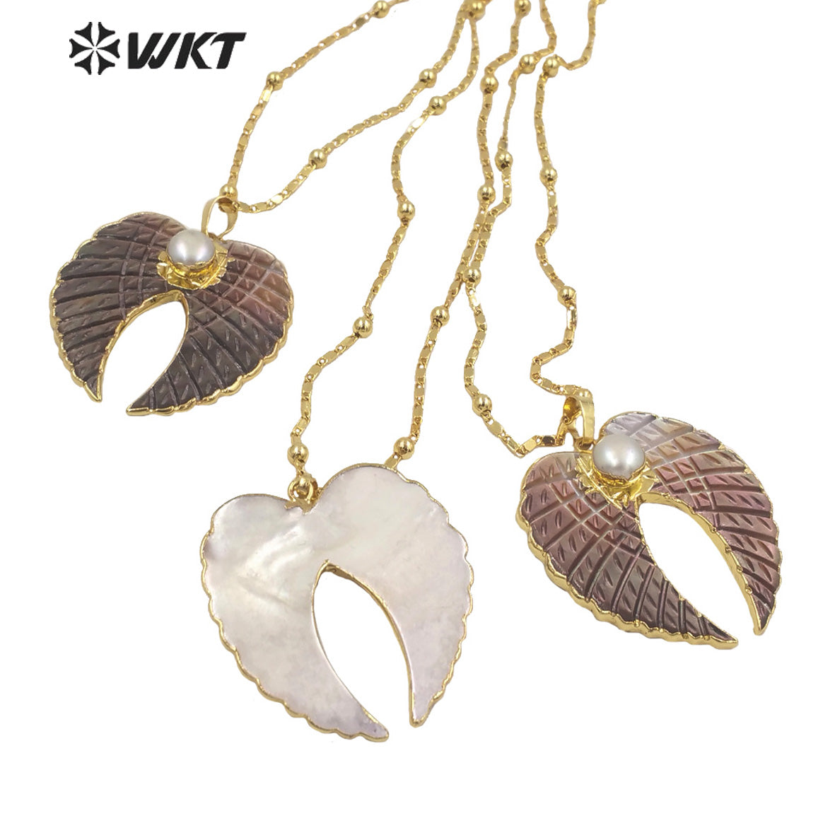 WT-JN167 Vintage Wing Shape Natural Shell Necklace Freshwater Pearl Angel Feather Pendant Jewelry Accessory Necklace