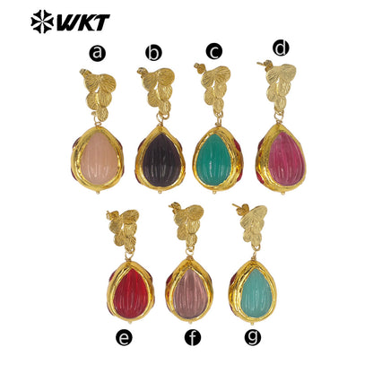 WT-E805 High Quality 18K Gold Plated Hand Carved Colorful Glaze Waterdrop Shape Earrings For Female Party Wearing Jewelry