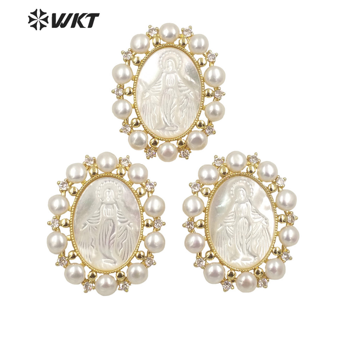 WT-JP277 Amazing Unique Gold Micro Pave Cubic Zircon White Shell Pendant European Hot Gorgeous Pearl Charm Mary Pendant