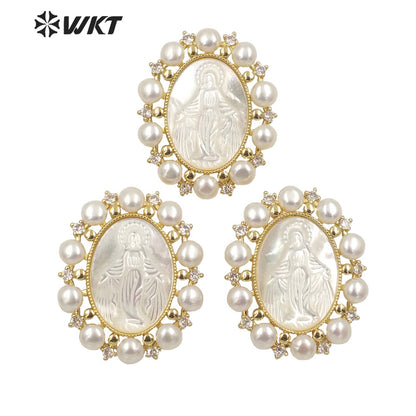 WT-JP277 Amazing Unique Gold Micro Pave Cubic Zircon White Shell Pendant European Hot Gorgeous Pearl Charm Mary Pendant