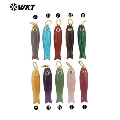 WT-P2114 Interesting Cute Style Natural Gemstones And Zircon Long Fish Shape Charms Pendants For Women Trendy Earrings DIY