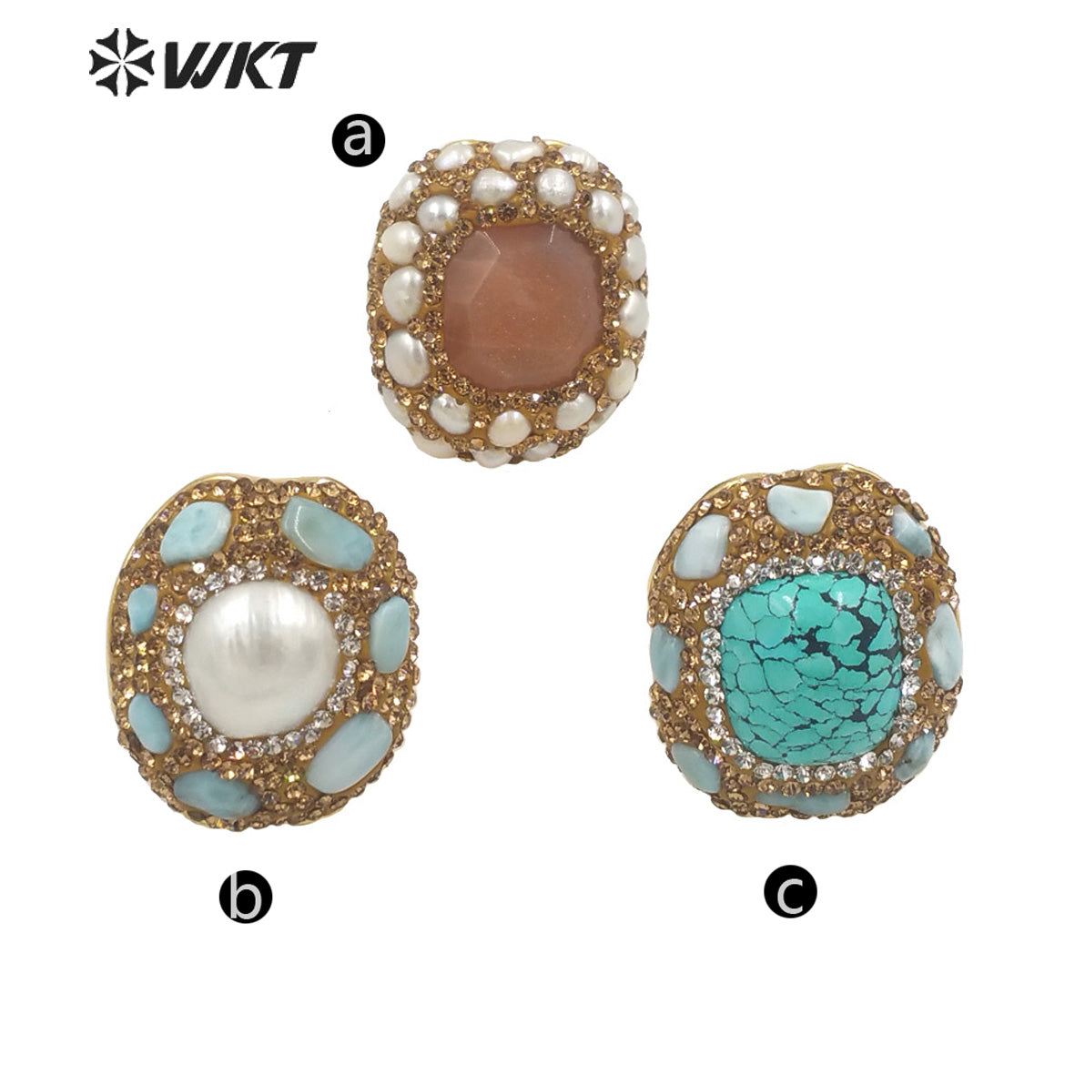 WT-R445 Wholesale Fashion 18k Gold Plated Gorgeous Rhinestone Decorative Turquoise Pearl Party Ring Daily Wearing Women Rings