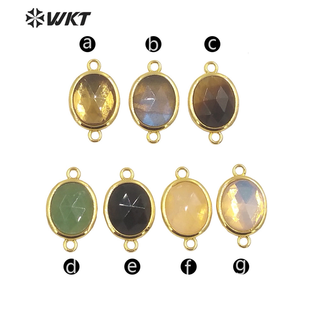 WT-C306 Wholesale Delicate Double Loops Stone Connector Jewelry Findings Chain Faceted Oval Shape Gemstone Charm Pendant