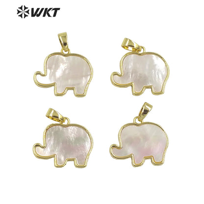 WT-JP323 Wholesale Fashion Lovely Mother of Pearl Shell Carved Small Elephant Pendants Gold Bezel Lovely Animal Pendants
