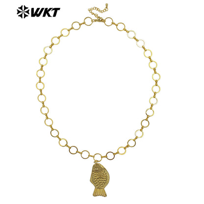 WT-JFN69 Factory Wholesale Round Metal Chain And 18K Gold Plated Yellow Brass Fish Pendant Necklace As Lady Daily Jewelry