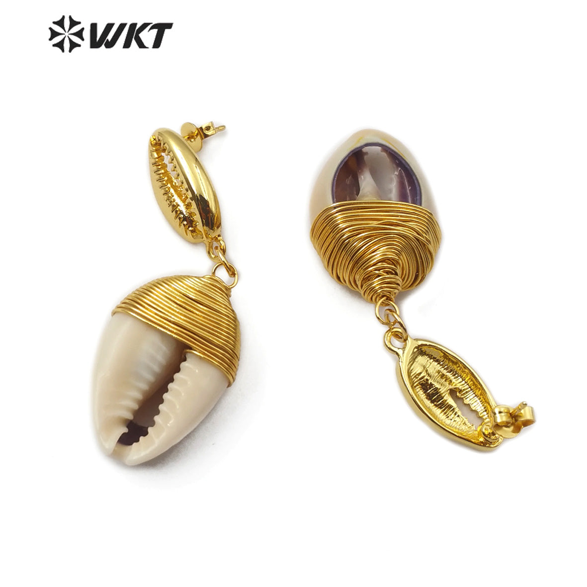 WT-E575 Wholesale Natural Cowrie Earring With Gold Electroplated Wire Wrapping Fashion Women Charm Cowrie Earring