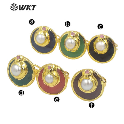 WT-R401 Natural Gemstone Lovely Fashion Cat Eye Ring with Pearl Crystal Colorful Round Ring 18k Gold-plated Women Gemstone Ring