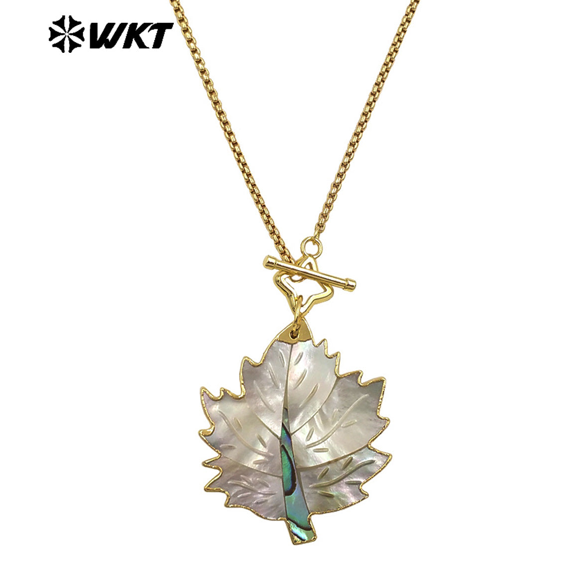 WT-JN354 Charming Exquisite Gold Plated Chain With Star Clasp And Natural Shell Maple Leaf Pendant Necklace As Anniversary Gift