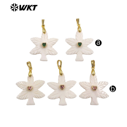 WT-JP523 Factory Wholesale Heart Zircon And Natural White Shell Carved Tree Shape Pendant For Friends Jewelry Gift Making