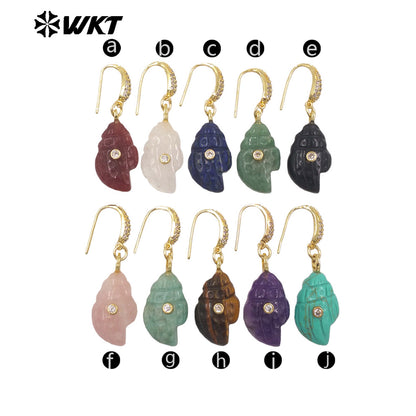 WT-E828 New Product Zircon And Various Natural Gemstones Conch Shape Gold Earrings For Girls Summer Beach Wearing Accessory