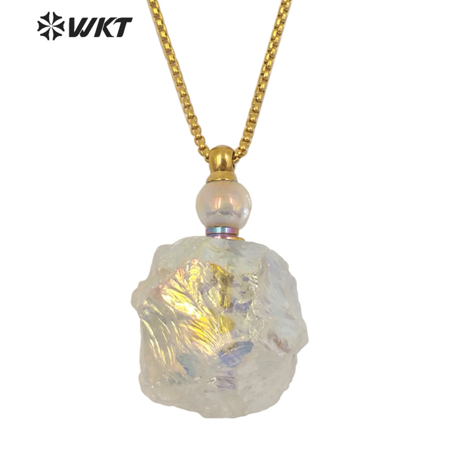 WT-N1272 Amazing Precious Energy Hammer Raw Crystal Stone Essential Oil Bottle Necklace Lucky Raw Stone Necklace for Perfume