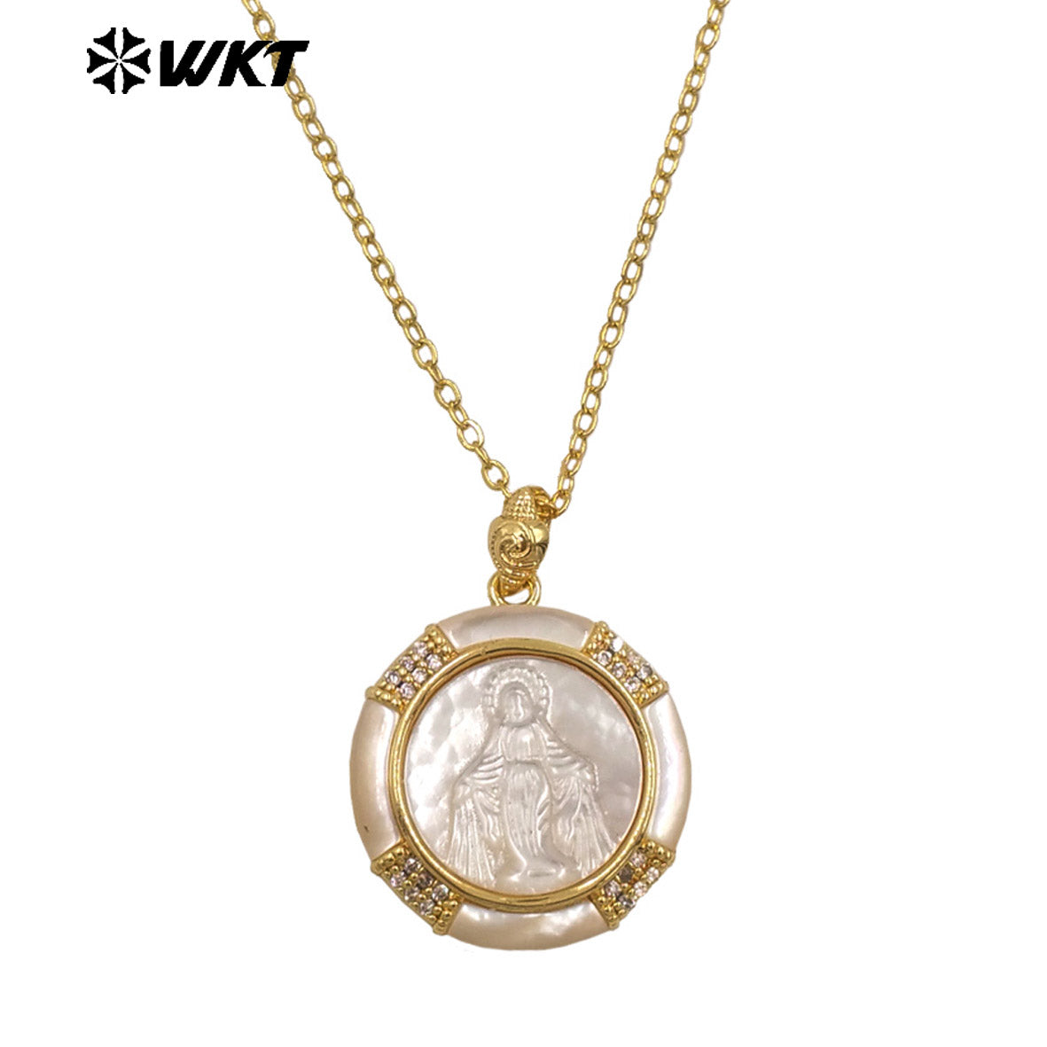 WT-JN357 Newest Gold Plated MOP Shell Hand Carved Religious Style Pattern Round Pendant Necklace For Girls Causal Matching
