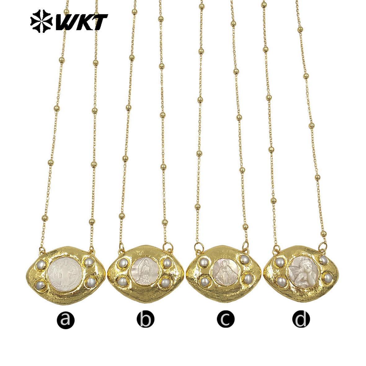 WT-JN391 High Quality Thin Bead Chain With Gold Electroplated Religious Patterns MOP Charms Necklaces For Lady Fashion Jewelry