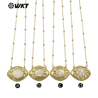 WT-JN391 High Quality Thin Bead Chain With Gold Electroplated Religious Patterns MOP Charms Necklaces For Lady Fashion Jewelry