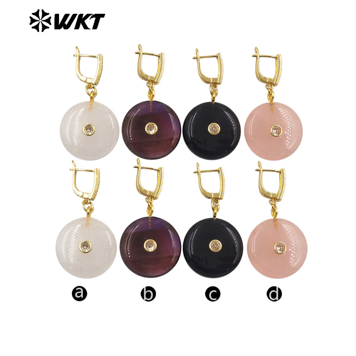 WT-E809 Fashionable Rose Quartz Various Natural Gemstones With Zircon Round Gold Earrings As Women Daily Elegant Jewelry