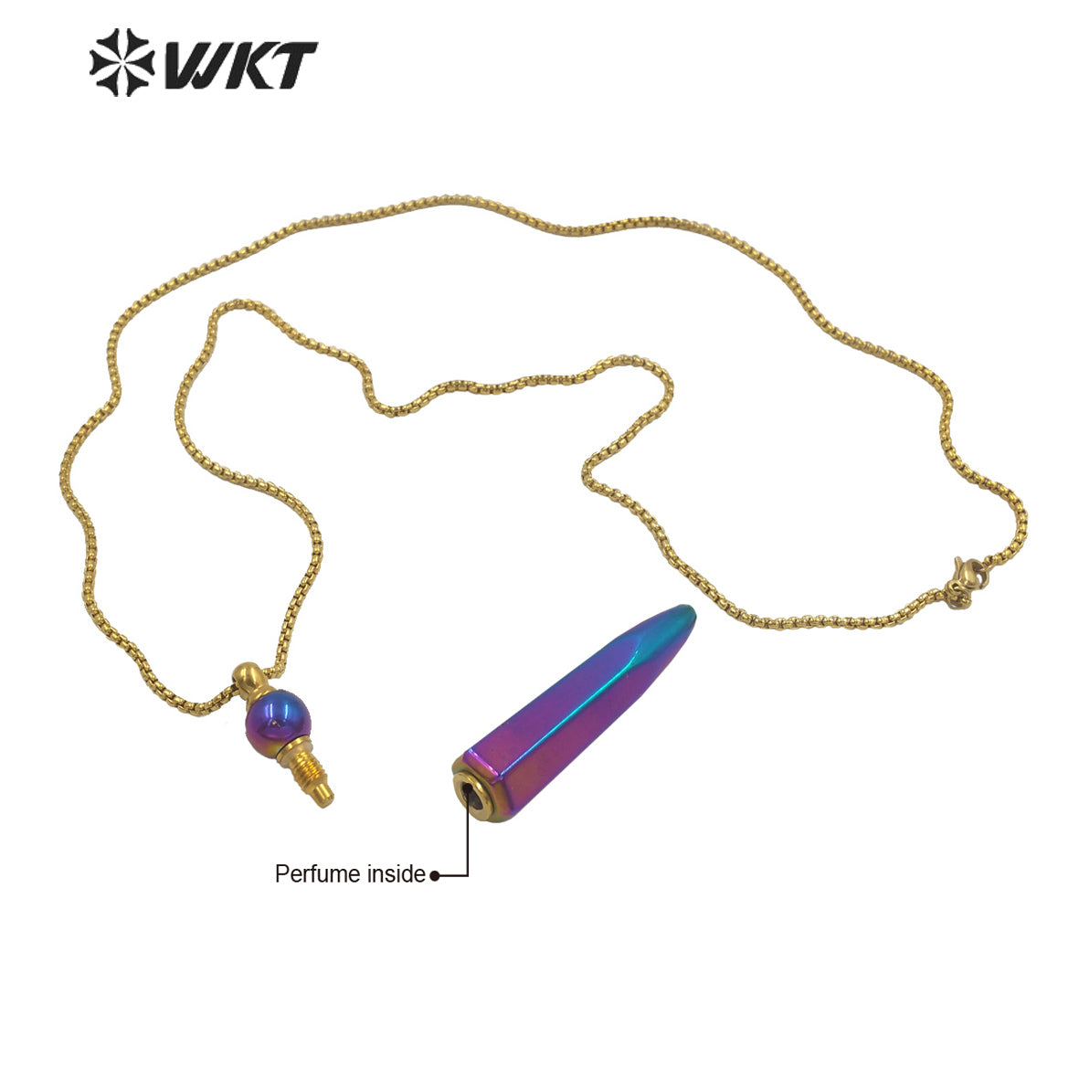 WT-N1281Wholesale Gold Titanium Electroplated Rainbow Blue Crystal Quartz Perfume Bottle Necklace for Essencial Oil