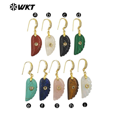 WT-E818 Wholesale Trendy Natural Gemstones Hand Carved Feather Shape Women Gold Earrings For Lady Dance Party Wearing Accessory