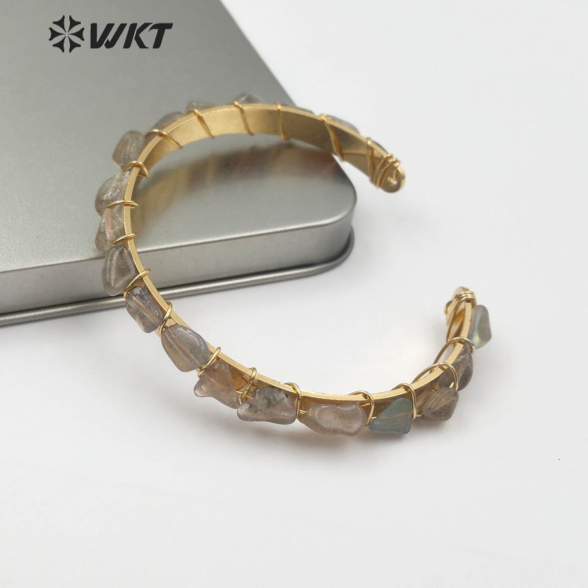 WT-B451 Jewelry Gift for Her Raw Tiny Stone Gold Bangle Adjustable Jewelry Black Gray Green Color Natural Gemstones Bangle