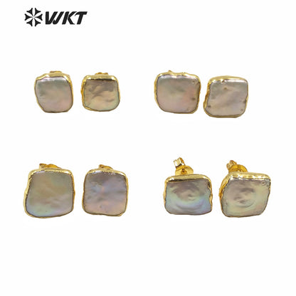WT-MPE027 Wholesale Natural Freshwater square Pearl Studs Lady Fashion Gold Filled Real White Pearl Earrings Studs Gift Studs