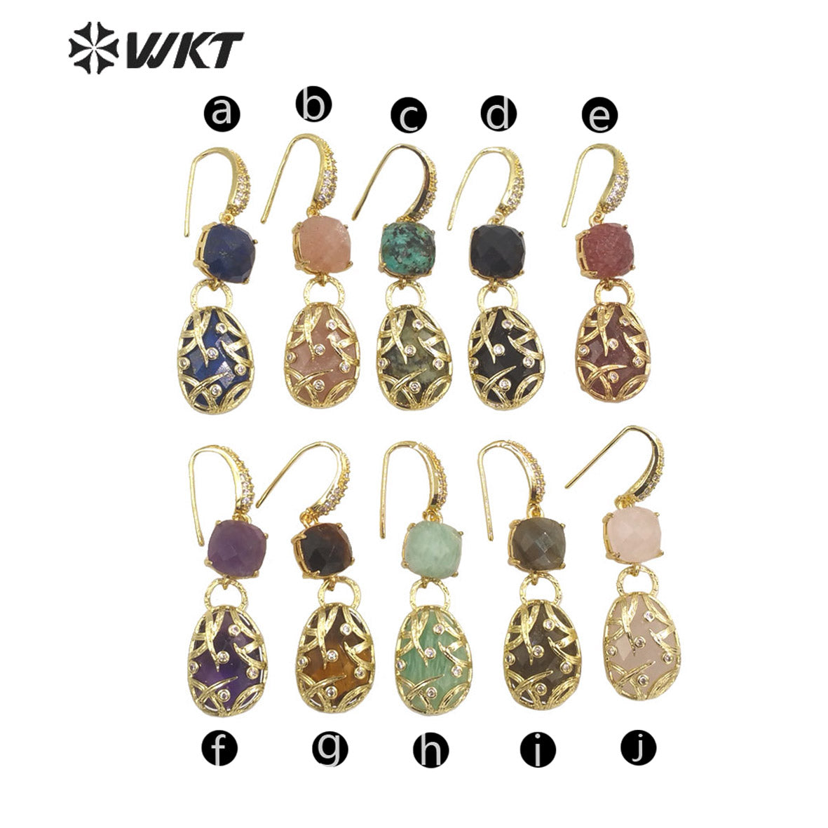 WT-E691 Fashion Double Stone Handmade Claw Setting Bezel Earrings Women Delicate Long Hoop Amethyst Stone Earrings