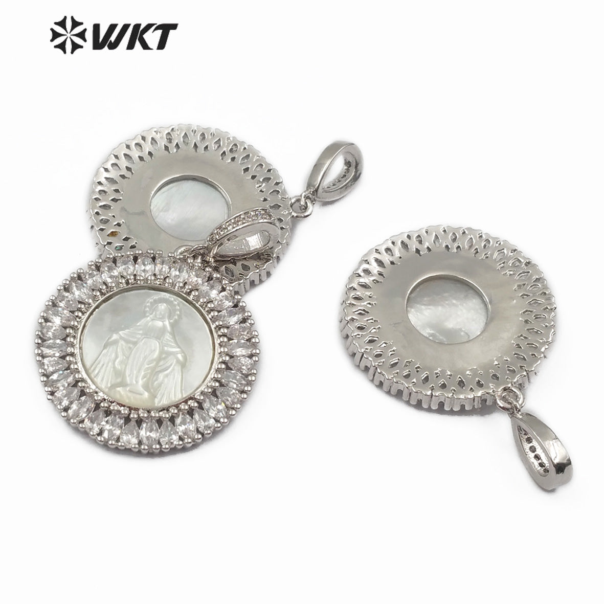 WT-MP116 Hot Sale Jewelry Fashion Accessories Virgin Mary Guadalupe Benedict Sliver Plated Round Shape Religious CZ Pave Pendant