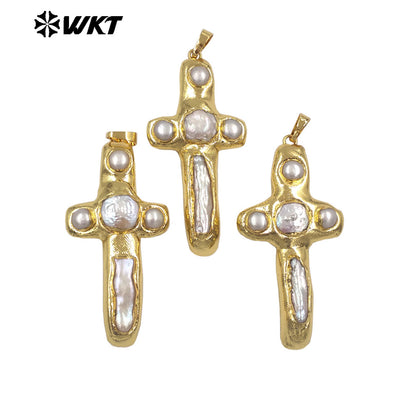 WT-JP446 New Arrival Religious Style Gold Electroplated Natural Freshwater Pearl Cross Pendant For Women Fashion Necklace Making