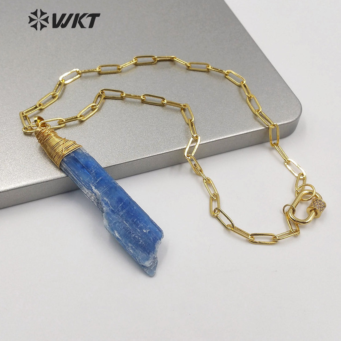 WT-N1221 Natural Blue Kyanite Necklace With Gold Plated Natural Stone Necklace Stylish Women Jewelry Blue Kyanite Necklace